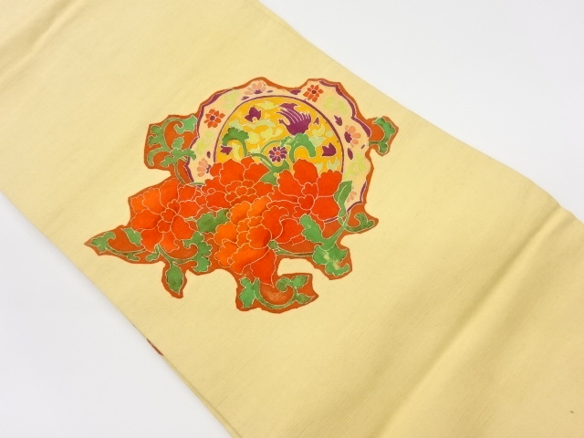 リサイクル　手織り紬金彩牡丹唐草模様名古屋帯